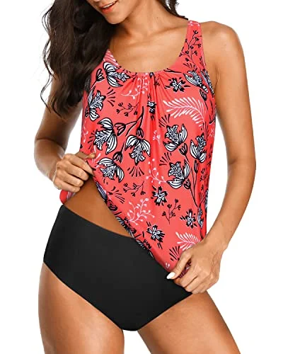 SwimflareTankini Swimsuits Removable Soft Bra And Triangle Briefs-Red Floral