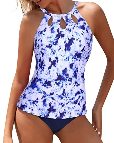 SwimfutureHigh Neck Swim Top Backless Design Backless Tankini-Blue Tie Dye