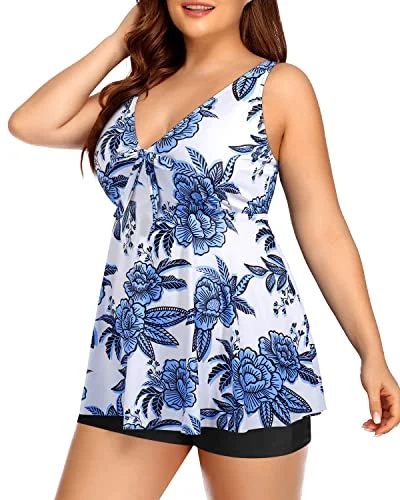 SwimfashionTummy Control Swimwear Flattering Fit For Ladies-White And Blue Floral