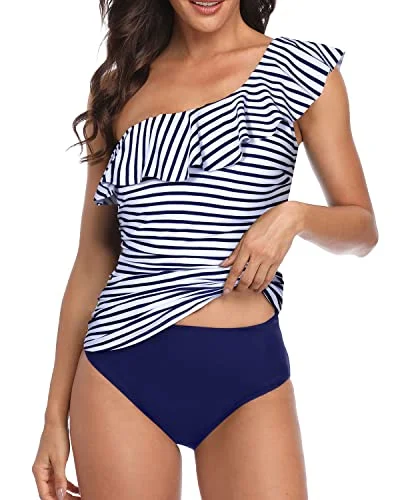 SwimzipWomen's Asymmetric One Shoulder Ruched Swimwear-Blue White Stripe