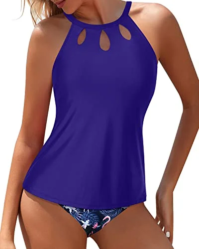 SwimclassicLaides Tummy Control Swimsuit 2 Piece High Neck Bathing Suit-Blue Flamingo