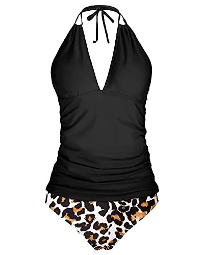 SwimsparkWomen's V Neck Tankini Tops & Bikini Bottom Halter Swimsuit-Black And Leopard