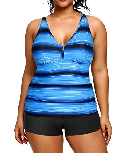 SwimmodernHigh Waisted Plus Size Tankini Shorts Bathing Suits-Blue And Black Stripe