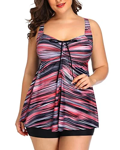 SwimbraletteWomen's Adjustable Shoulder Straps Plus Size Tankini Swimsuits-Pink Stripe