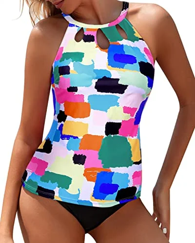 SwimnowHalter Neckline Top & Full Coverage Bottom Two Piece Tankini Swim Suit-Aqua