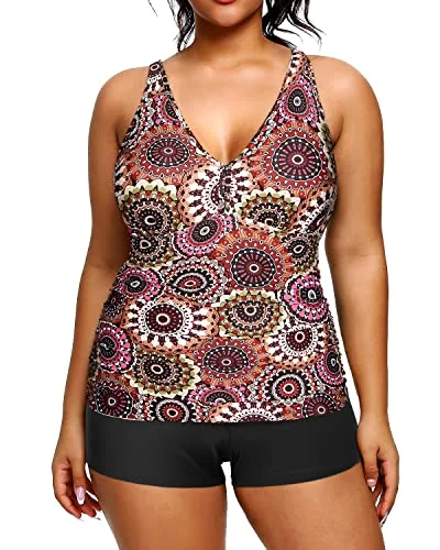 SwimfreshAthletic Women's Plus Size Swimwear High Waisted Bottom Tankini Sets-Brown Print