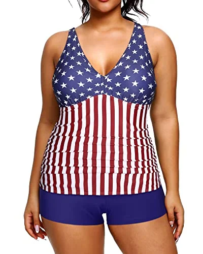 SwimvintageTummy Control Plus Size Tankini Shorts Swimsuits For Women-American Flag