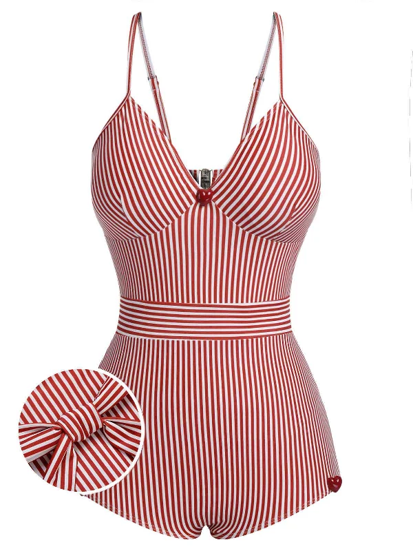 Red 1940s Spaghetti Strap Stripes One-Piece Swimsuit