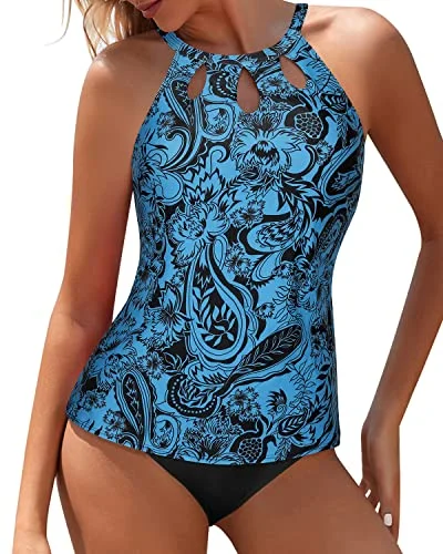 SwimlowHigh Waisted Tummy Control Bathing Suit Halter Design Backless Tankini-Black And Tribal Blue