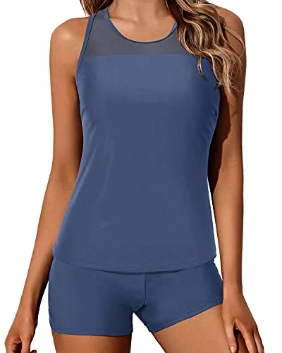 SwimcolorTummy Control Tankini Boyshorts Swimwear Set For Women-Blue