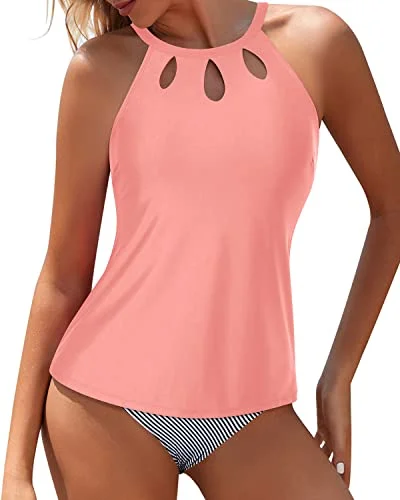 SwimfreshModest Backless Halter High Waisted Tankini Bathing Suit-Coral Pink Stripe