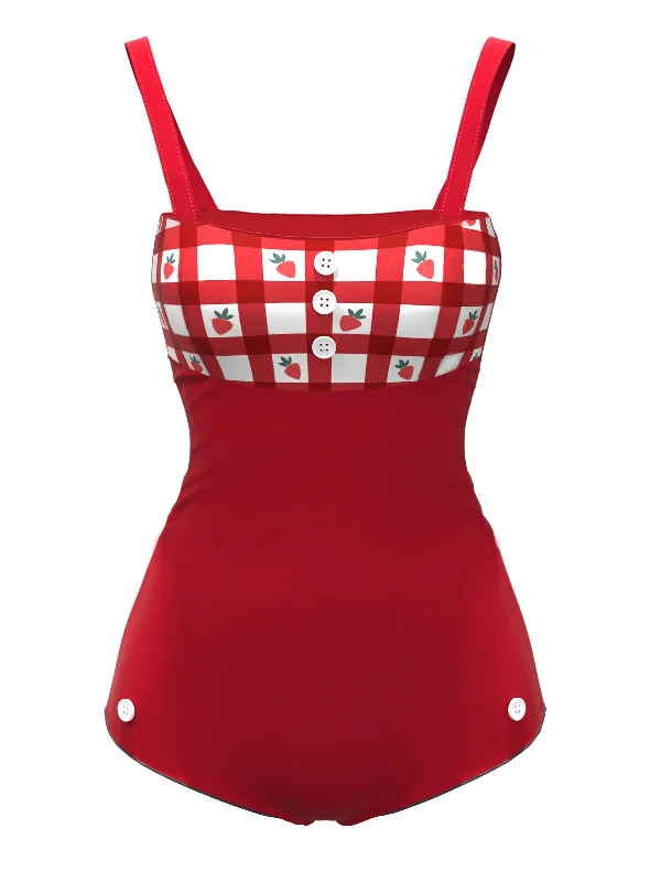 Red 1950s Strawberry Plaid Suspender Swimsuit