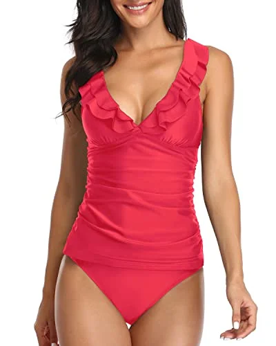 Swimfuture2 Piece Falbala Ruffle Flounce Tankini Swimsuits Deep V Neck Swimwear-Red