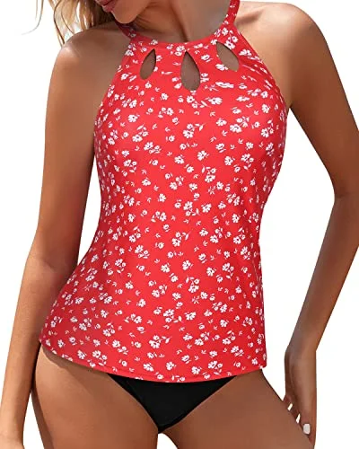 SwimtoneFlattering High Neck Tummy Control Tankini Swimsuit For Women-Red Floral