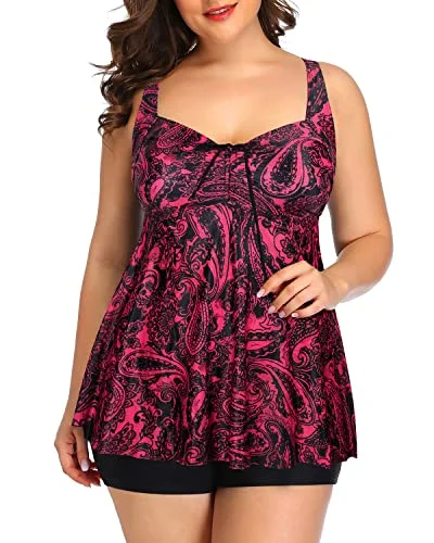 SwimstrappyFlyaway Plus Size Tankini Swimsuits For Women Shorts-Red Paisley