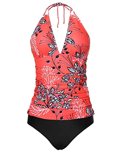 SwimguardBackless Halter Tankini Swimsuits Bikini Bottom For Women-Red Floral