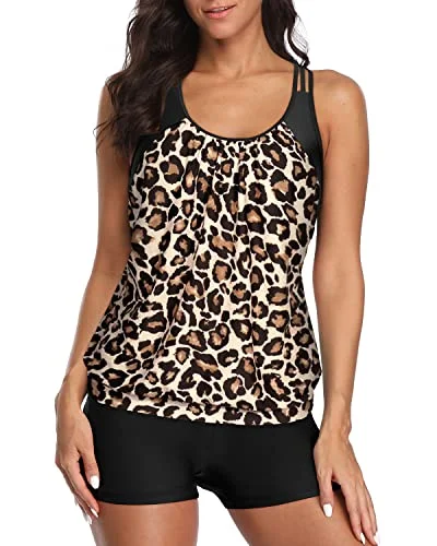 SwimbuttonTummy Control Boyshort Two Piece Tankini Swimsuits For Women-Black And Leopard