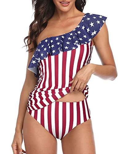 SwimmeshWomen's Two Piece Ruffle Swimwear One Shoulder Tankini-Flag