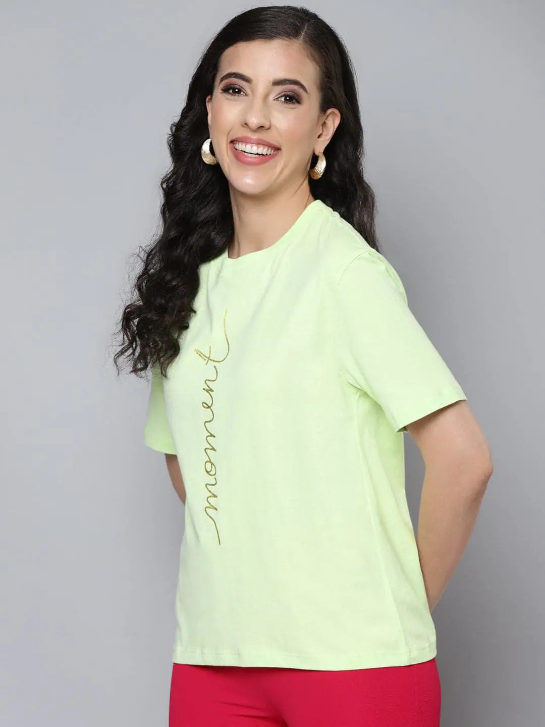 Women Mint Green MOMENT Gold Foil Regular T-ShirtStudded T-Shirts