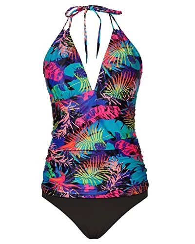 SwimchicHalter Tankini Swimsuits V Neck Tops And Bikini Bottom Tummy Control-Colorful Leaves