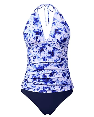 SwimstyleHalter Tankini Swimsuits V Neck Tops Bikini Bottom Tummy Control Swimwear-Blue Tie Dye