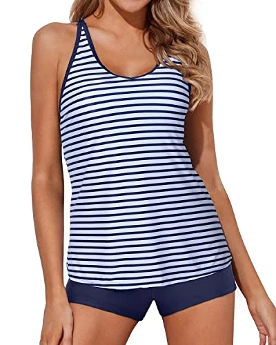 SwimsecureTwo Piece Tankini Swimsuits Tummy Control Boy Short-Blue White Stripe