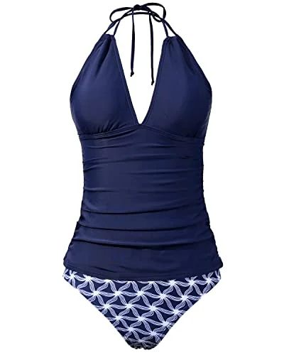 SwimfunHalter Tankini Tops V Neck Bikini Bottom Tummy Control Two Piece Swimsuit-Navy Blue Tribal