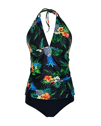 SwimwaveHalter Tankini Swimsuits V Neck Tops Bikini Bottom Tummy Control Bathing Suits-Black Pineapple