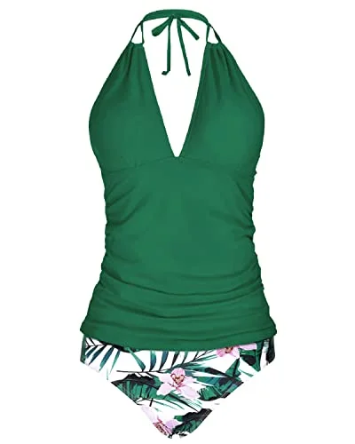 SwimcomfyOpen Back Halter Tankini Swimsuits V Neck Tops Bikini Bottom-Green Tropical Floral