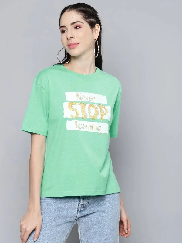 Green Never-Stop-Learning T-ShirtEmbroidered T-Shirts