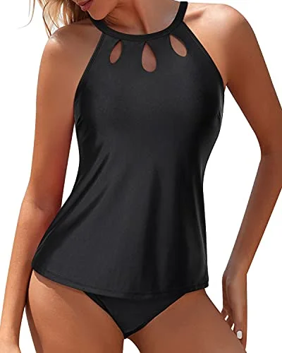 SwimslimHigh Neck & Backless Design Two Piece Tankini Bathing Suit-Black