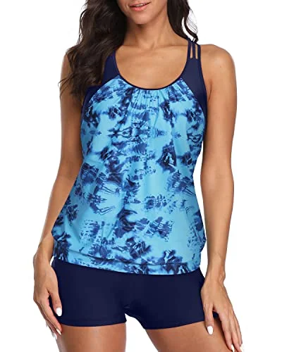 SwimopaqueRacerback Sporty Tankini Tops For Women Modest Coverage-Blue Tie Dye