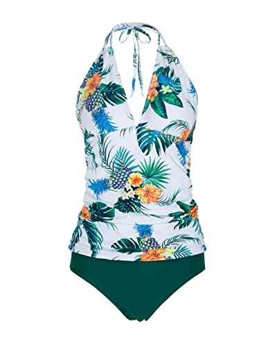 SwimcoverFashionable Two Piece Halter Tankini V-Neck For Women-White Pineapple