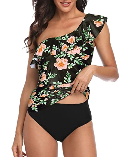 SwimlaceSlimming Swimsuits For Women One Shoulder Tankini-Black Pink Flowers