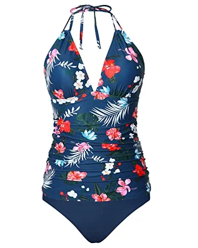 SwimrayWomen's V Neck Tankini & Bikini Bottom Tummy Control Swimsuit-Navy Blue Floral