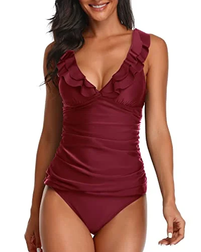 Swimnew2 Piece Deep V Neck Swimwear Ruffle Flounce Tankini Swimsuits-Maroon