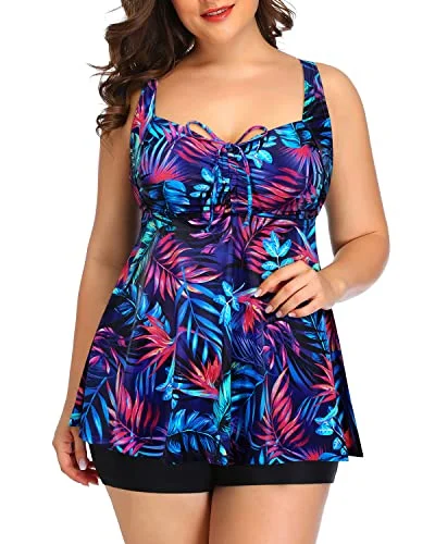 SwimtieTankini Swimsuits Bowknot Plus Size Flowy Swimwear For Women Shorts-Blue Purple Leaves