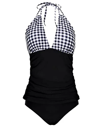 SwimpoolBackless V Neck Tankini Tops Ruched Bathing Suit-Black Plaid