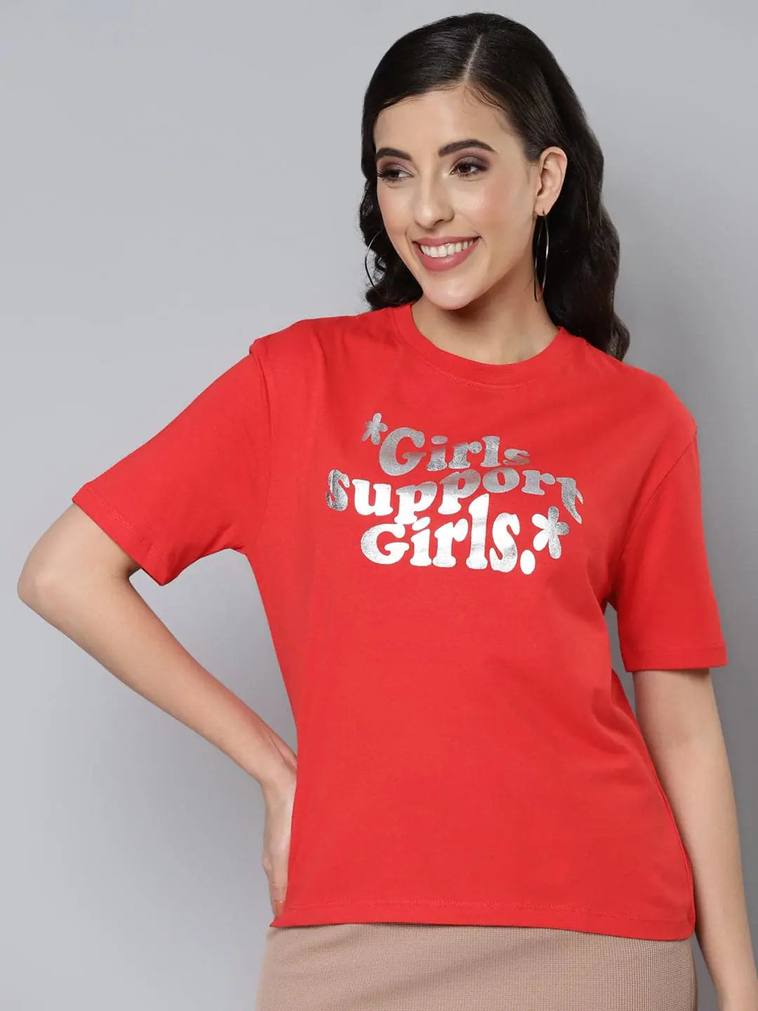 Women Red GIRL SUPPORT Silver Foil Regular T-shirtSleep T-Shirts