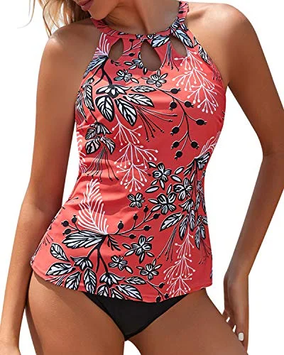 SwimcolorTwo Piece High Neck Tankini Swimsuits For Women Tummy Control Bathing Suits-Red Floral