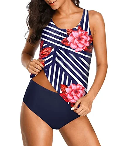 SwimformCharming Two Piece High Neck Tankini Bathing Suits For Women-Blue Floral