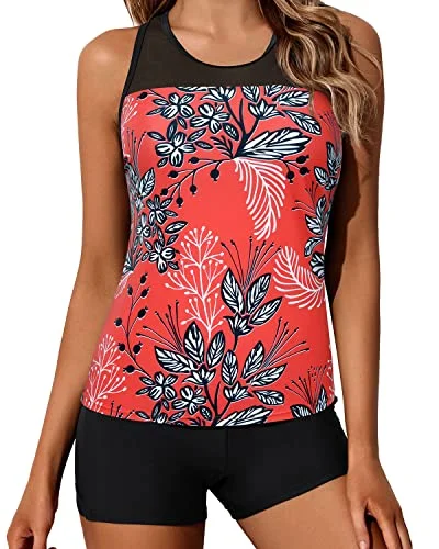 SwimbrightRacerback Tank Top And Boy Shorts Two Piece Bathing Suit For Women-Red Floral