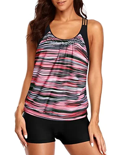 SwimbraletteLadies Modest Coverage Tankini Swimsuits Blouson Tops And Boy Shorts-Black And Pink Stripes