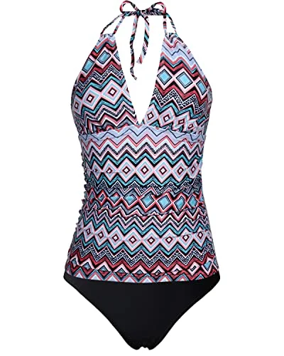 SwimsecureV-Neck Tankini Tops Bikini Bottoms For Women-Black Tribal