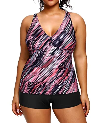 SwimwarmAthletic Plus Size Swimsuits Shorts Tummy Control Tankini Bathing Suits-Pink Stripe