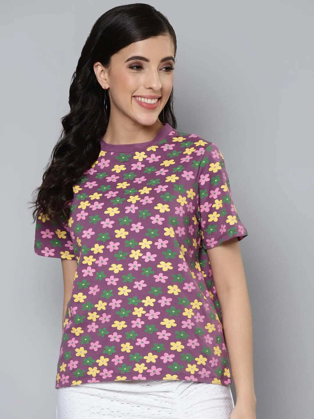 Women Purple Floral Regular T-ShirtCasual T-Shirts