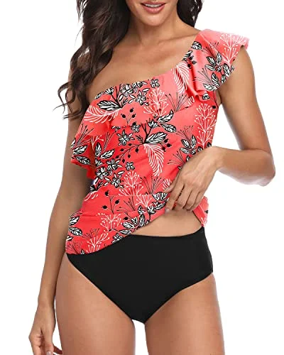 SwimracerbackTummy Flattering Bathing Suits One Shoulder Swimsuits For Women-Red Floral