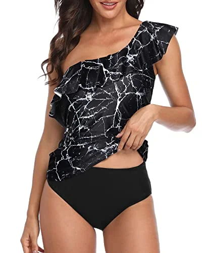 SwimbuckleWomen's One Shoulder Tankini Tummy Control Bathing Suits Ruffle Swimwear-Black Marble