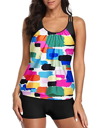 SwimzipHigh Waisted Board Short Two Piece Tankini Swimsuits For Women-Color Tie Dye