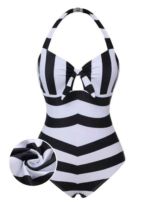 Black & White 1950s Barbie Stripes Halter Swimsuit